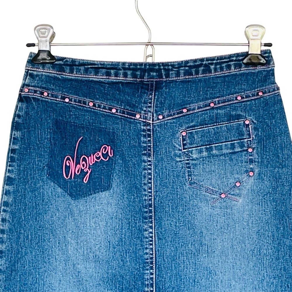 Vtg Y2K Vezucci Stretch Denim Skirt Girls Sz 12 Modest Logo Bling Cottagecore